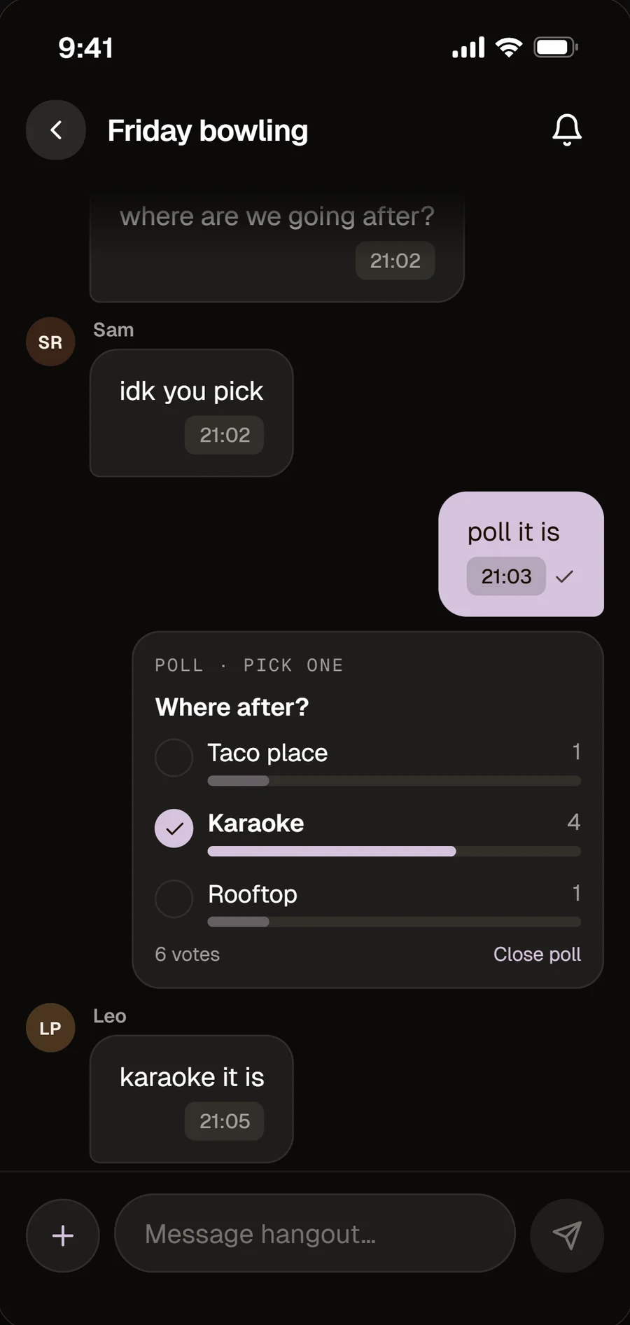 A Momint hangout chat with a poll asking where to go after bowling