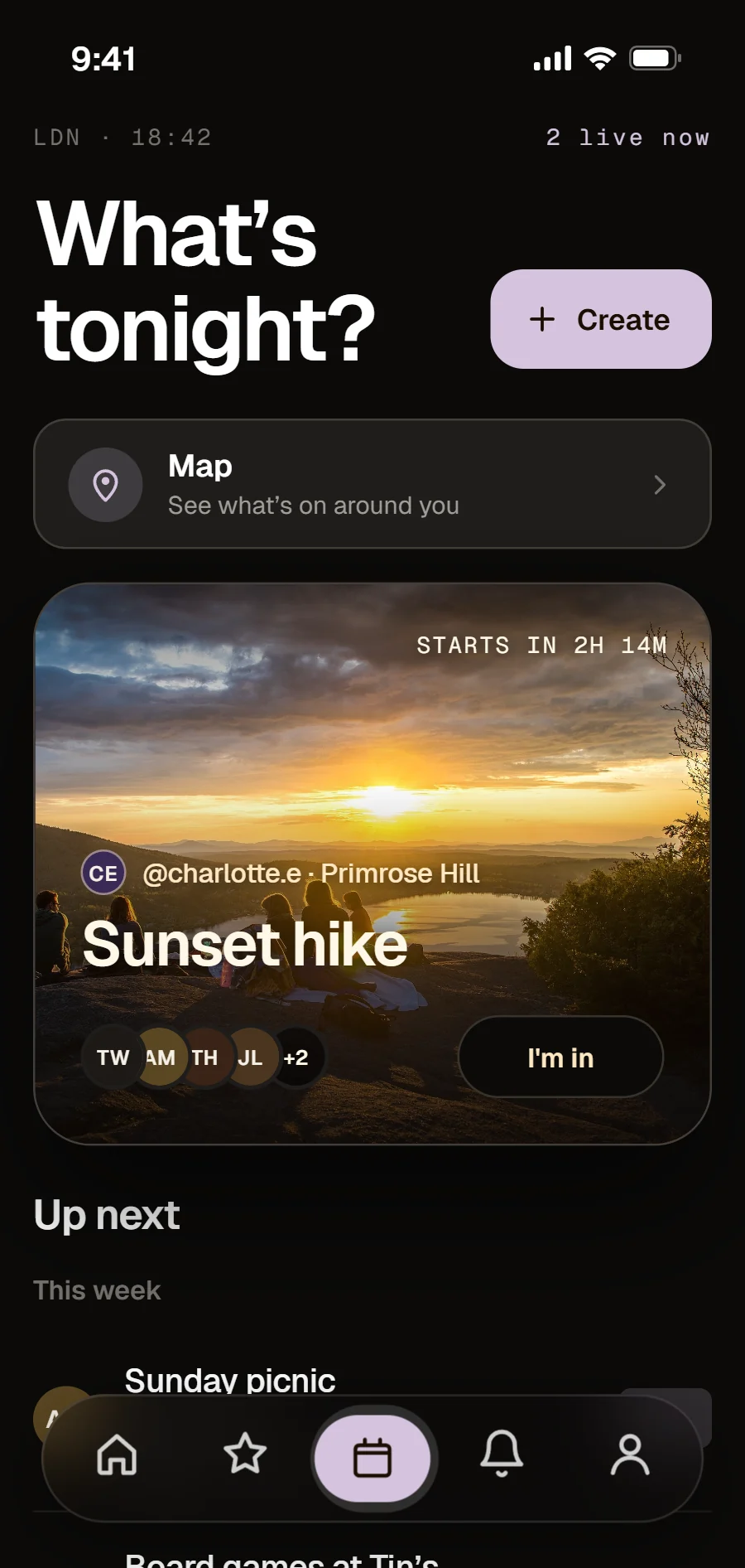 Momint hangouts tab showing a sunset hike starting in two hours and the plans coming up this week