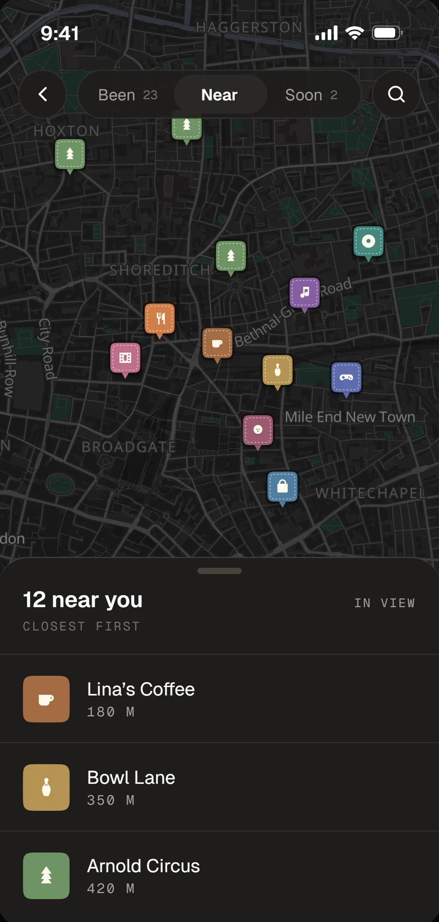 The Momint map of east London with venue pins and a list of twelve places nearby