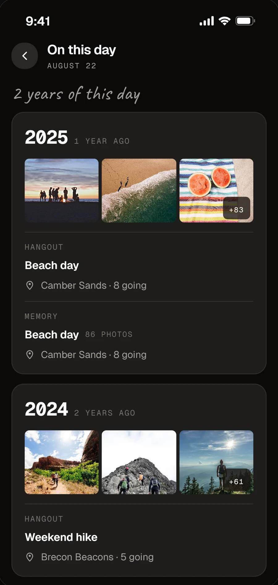 The Momint On this day screen with photos from a beach day and a weekend hike